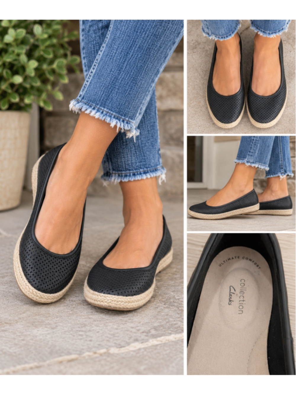 Clarks Collection Black Perforated Ballet Flats Espadrille Wedge Comfort Shoes
